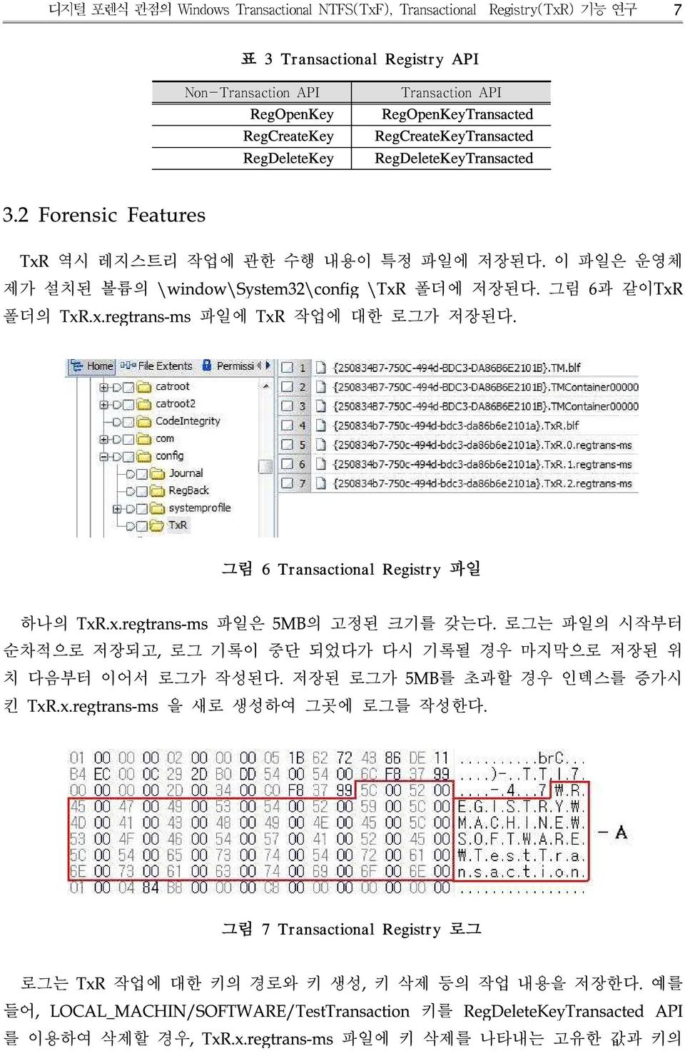 그림 6과 같이TxR 폴더의 TxR.x.regtrans-ms 파일에 TxR 작업에 대한 로그가 저장된다. 그림 6 Tr ansactional Registr y 파일 하나의 TxR.x.regtrans-ms 파일은 5MB의 고정된 크기를 갖는다.