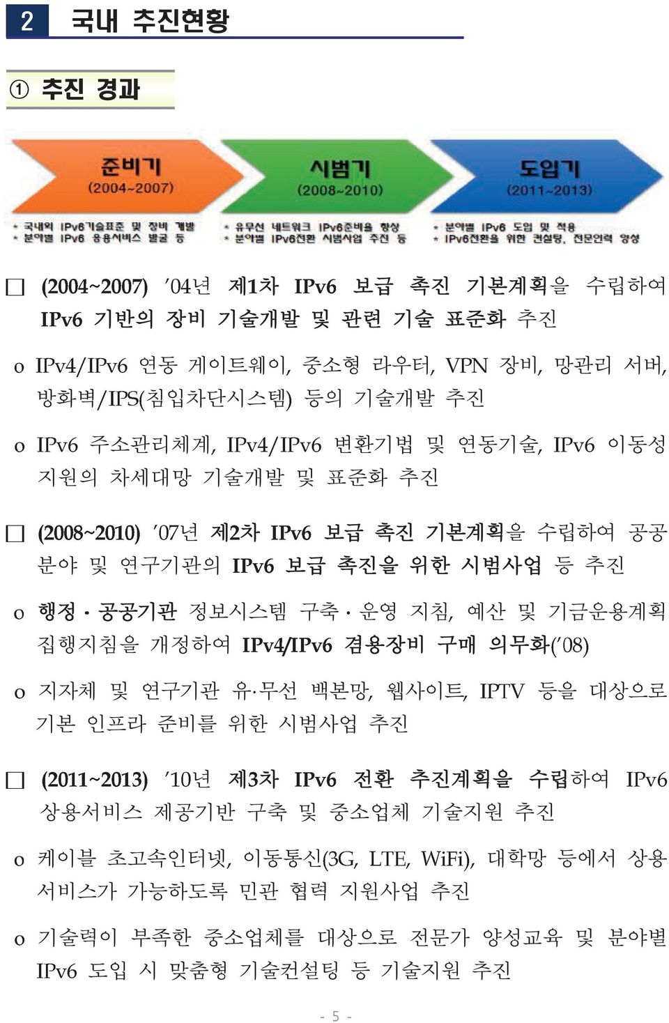 기금운용계획 집행지침을 개정하여 겸용장비 구매 의무화 지자체 및 연구기관 유 무선 백본망 웹사이트 기본 인프라 준비를 위한 시범사업 추진 등을 대상으로 년 제 차 전환 추진계획을 수립하여 상용서비스 제공기반 구축 및