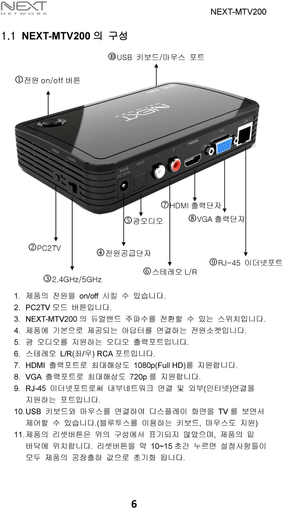 HDMI 출력포트로 최대해상도 1080p(Full HD)를 지원합니다. 8. VGA 출력포트로 최대해상도 720p 를 지원합니다. 9. RJ-45 이더넷포트로써 내부네트워크 연결 및 외부(인터넷)연결을 지원하는 포트입니다. 10. USB 키보드와 마우스를 연결하여 디스플레이 화면을 TV 를 보면서 제어할 수 있습니다.