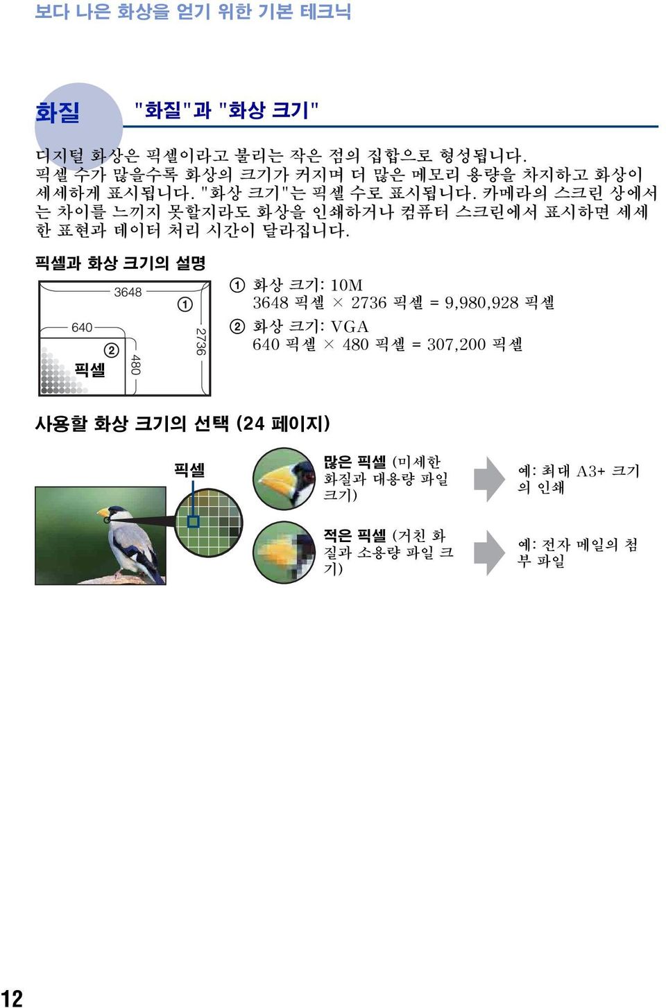 카메라의 스크린 상에서 는 차이를 느끼지 못할지라도 화상을 인쇄하거나 컴퓨터 스크린에서 표시하면 세세 한 표현과 데이터 처리 시간이 달라집니다.