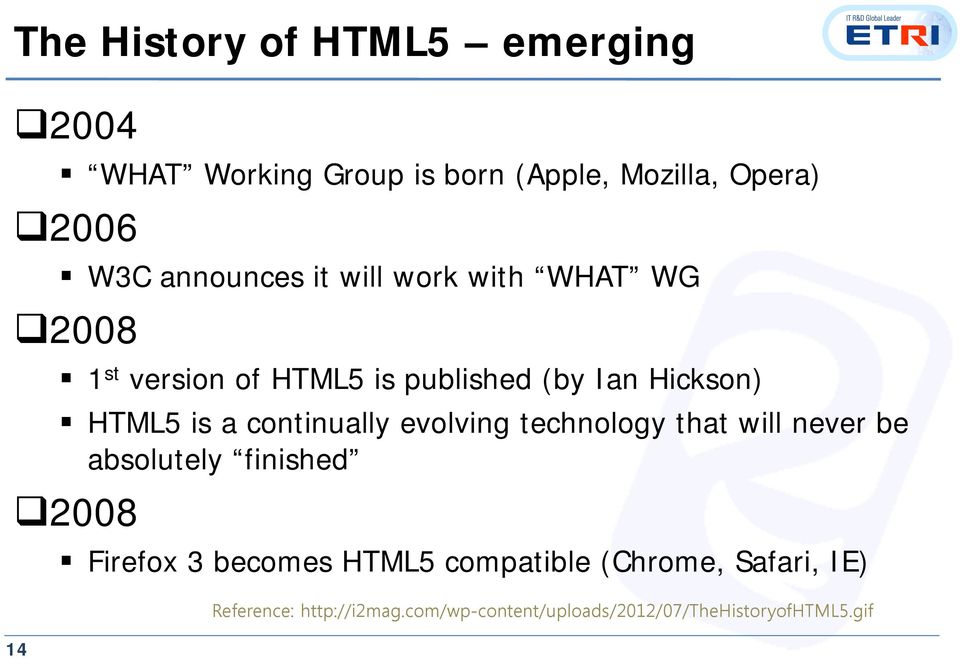 a continually evolving technology that will never be absolutely finished 2008 Firefox 3 becomes HTML5