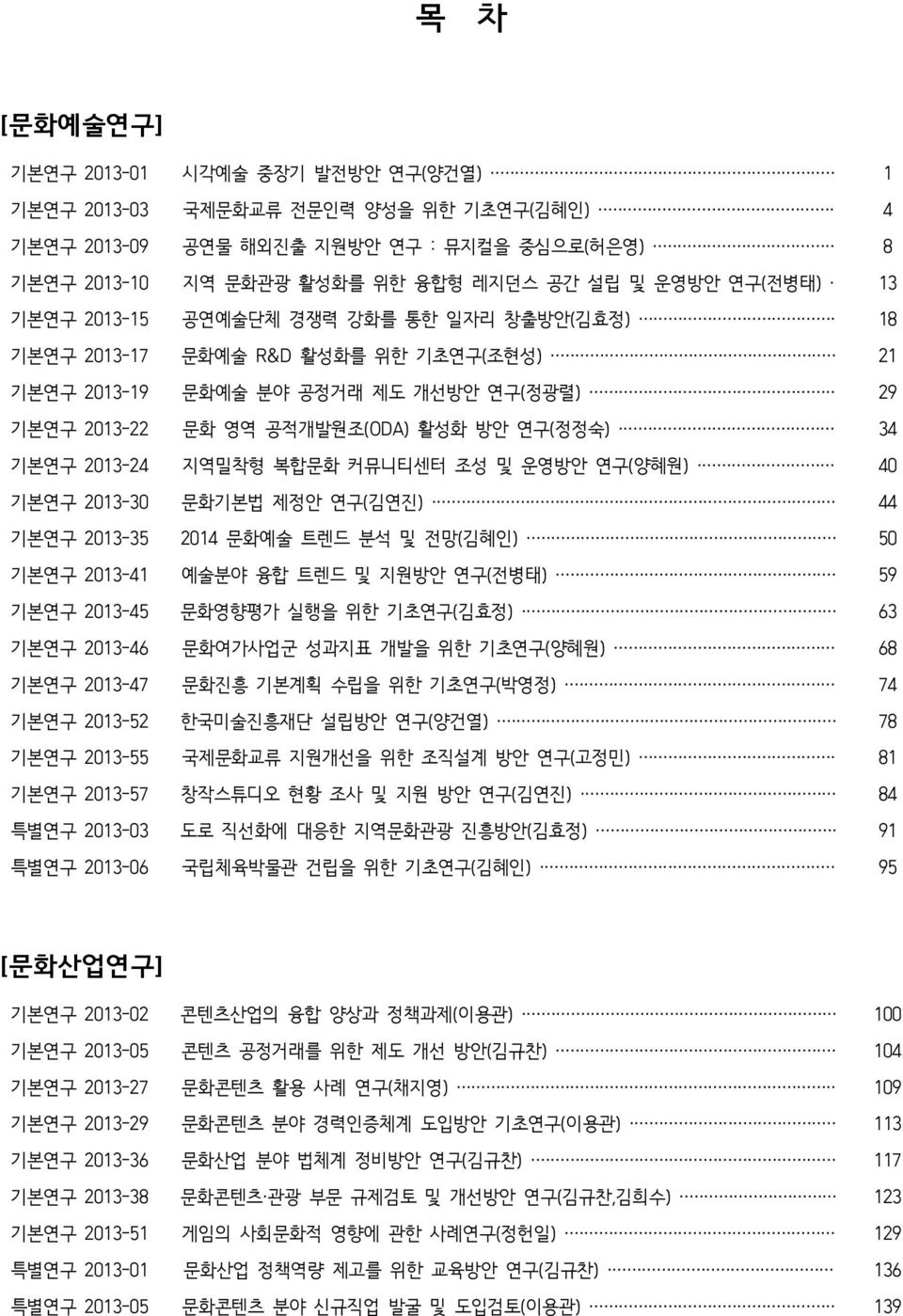 기본연구 2013-24 지역밀착형 복합문화 커뮤니티센터 조성 및 운영방안 연구(양혜원) 40 기본연구 2013-30 문화기본법 제정안 연구(김연진) 44 기본연구 2013-35 2014 문화예술 트렌드 분석 및 전망(김혜인) 50 기본연구 2013-41 예술분야 융합 트렌드 및 지원방안 연구(전병태) 59 기본연구 2013-45 문화영향평가 실행을 위한