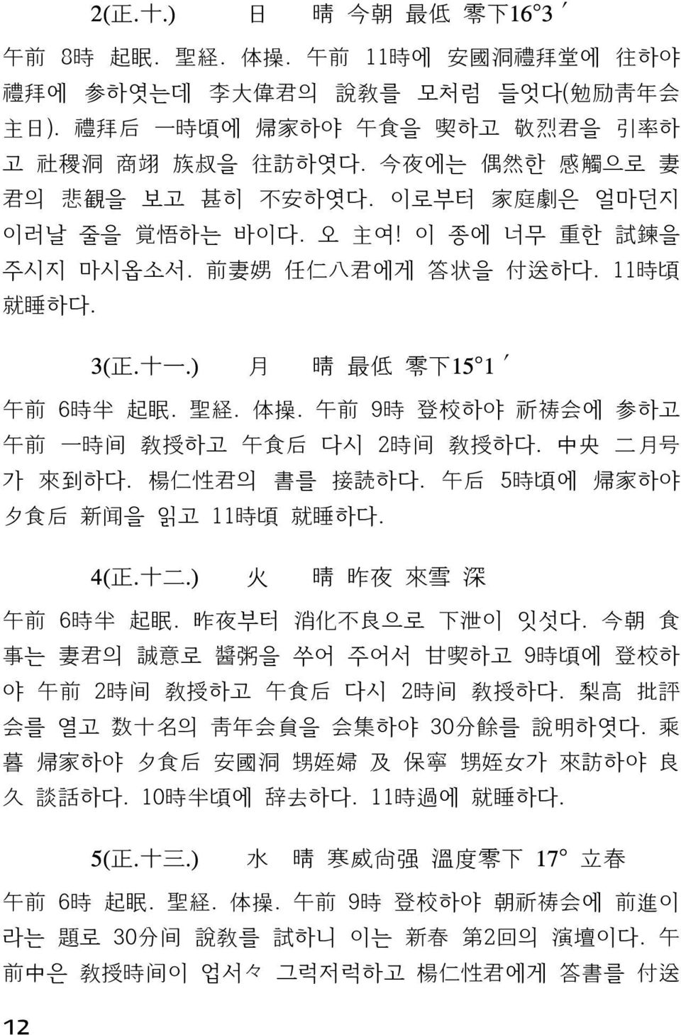 前 妻 娚 任 仁 八 君 에게 答 状 을 付 送 하다. 11 時 頃 就 睡 하다. 3( 正. 十 一.) 月 晴 最 低 零 下 15 1 午 前 6 時 半 起 眠. 聖 経. 体 操. 午 前 9 時 登 校 하야 祈 祷 会 에 参 하고 午 前 一 時 间 敎 授 하고 午 食 后 다시 2 時 间 敎 授 하다. 中 央 二 月 号 가 來 到 하다.