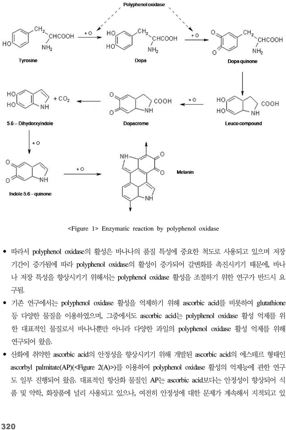 기존 연구에서는 polyphenol oxidase 활성을 억제하기 위해 ascorbic acid를 비롯하여 glutathione 등 다양한 물질을 이용하였으며, 그중에서도 ascorbic acid는 polyphenol oxidase 활성 억제를 위 한 대표적인 물질로서 바나나뿐만 아니라 다양한 과일의
