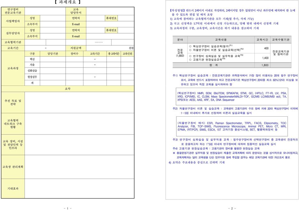 7억원 이내에서 신청 가능하므로, 당해 범위 내에서 신청액 기재 3) 과정의, 장비, 시간은 하기 내용을 참고하여 기재 분야 내용 시간 수행기관 전문 (1,800) 핵심연구장비 실습(필수) 주1) 자율연구장비 이론 및 실습(선택) 주2) 400 연구장비 심화실습 및 실무적용 주3) 고용기관 현장실습 주4) 1,400 합 계 1,800 전문기관 및 협력기관