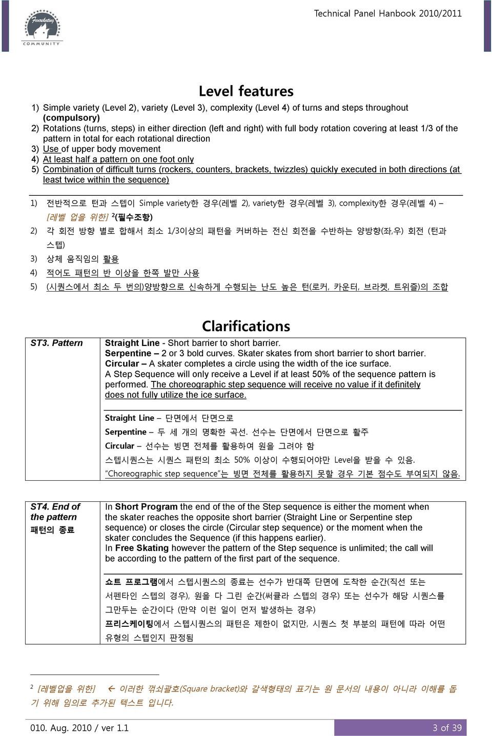 turns (rockers, counters, brackets, twizzles) quickly executed in both directions (at least twice within the sequence) 1) 전반적으로 턴과 스텝이 Simple variety한 경우(레벨 2), variety한 경우(레벨 3), complexity한 경우(레벨