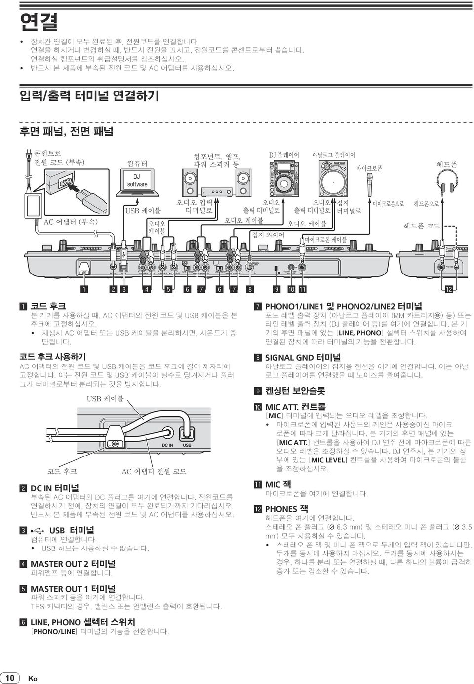 MIC 1 2 3 4 5 6 7 6 7 8 a b c 1 코드 후크 본 기기를 사용하실 때, AC 어댑터의 전원 코드 및 USB 케이블을 본 후크에 고정하십시오.