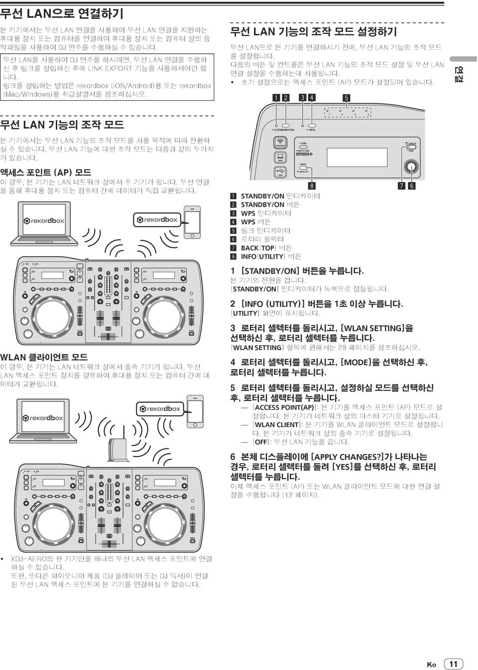 무선 LAN 기능의 조작 모드 설정하기 무선 LAN으로 본 기기를 연결하시기 전에, 무선 LAN 기능의 조작 모드 를 설정합니 다음의 버튼 및 컨트롤은 무선 LAN 기능의 조작 모드 설정 및 무선 LAN 연결 설정을 수행하는데 사용됩니!