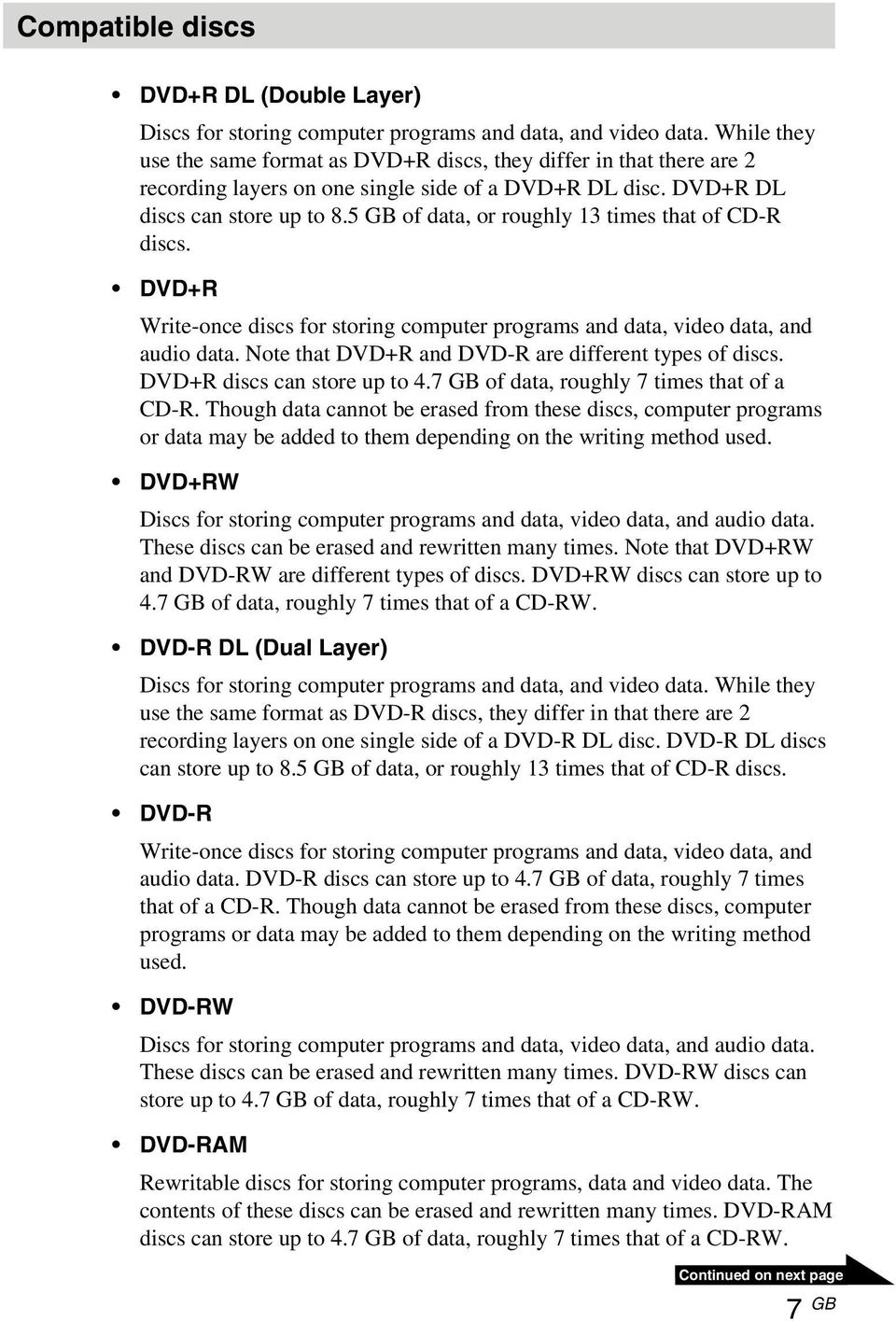 5 GB of data, or roughly 13 times that of CD-R discs. DVD+R Write-once discs for storing computer programs and data, video data, and audio data. Note that DVD+R and DVD-R are different types of discs.