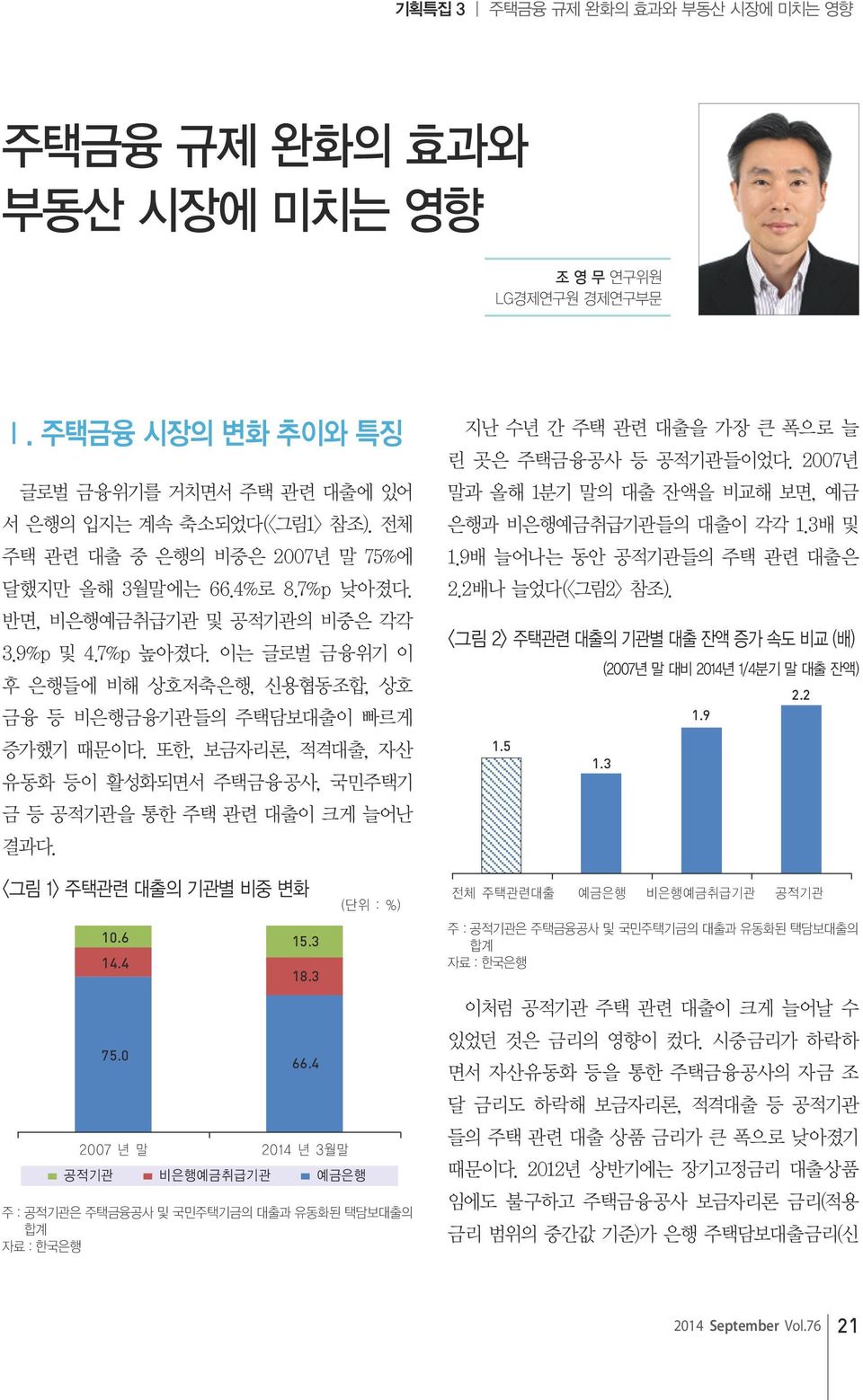 또한, 보금자리론, 적격대출, 자산 유동화 등이 활성화되면서 주택금융공사, 국민주택기 금 등 공적기관을 통한 주택 관련 대출이 크게 늘어난 결과다. <그림 1> 주택관련 대출의 기관별 비중 변화. 1. 7. 1.3 1.3. 주 : 공적기관은 주택금융공사 및 국민주택기금의 대출과 유동화된 택담보대출의 합계 자료 : 한국은행. 1. 1.3 1.3 지난 수년 간 주택 관련 대출을 가장 큰 폭으로 늘 린 곳은 주택금융공사 등 공적기관들이었다.