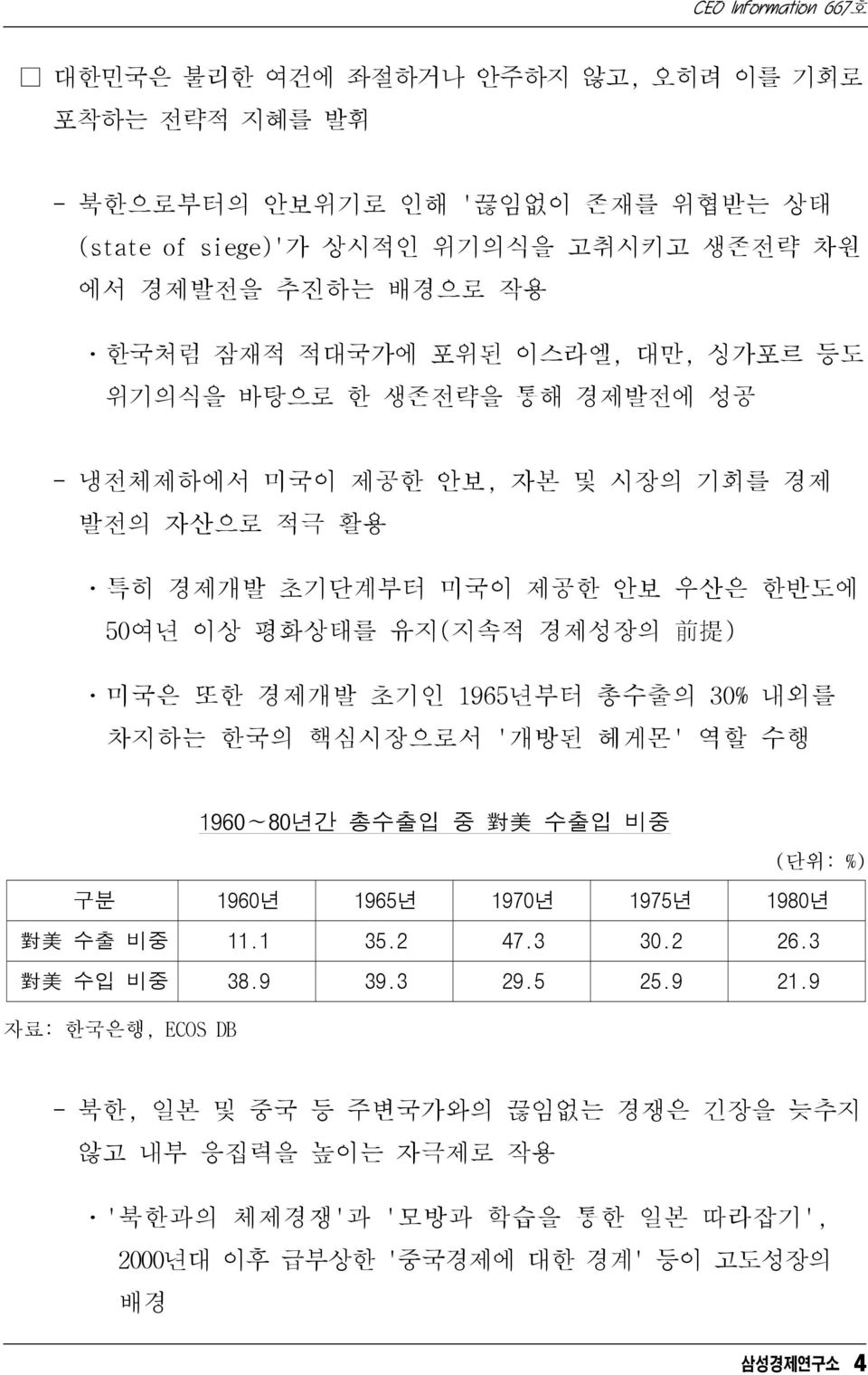 경제개발 초기인 1965년부터 총수출의 30% 내외를 차지하는 한국의 핵심시장으로서 '개방된 헤게몬' 역할 수행 1960 80년간 총수출입 중 對 美 수출입 비중 (단위: %) 구분 1960년 1965년 1970년 1975년 1980년 對 美 수출 비중 11.1 35.2 47.3 30.2 26.3 對 美 수입 비중 38.