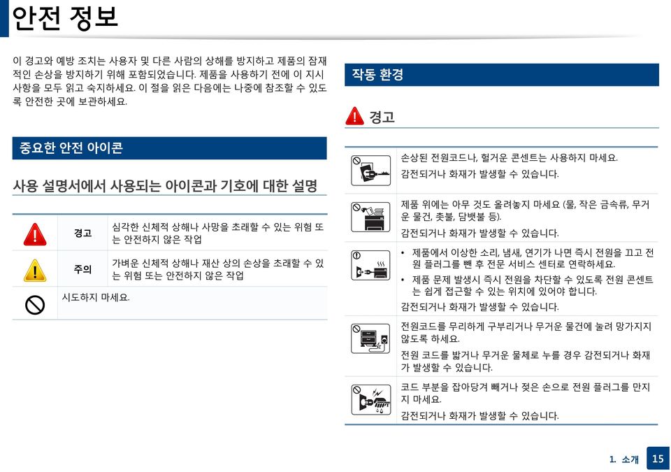 심각한 신체적 상해나 사망을 초래할 수 있는 위험 또 는 안전하지 않은 작업 가벼운 신체적 상해나 재산 상의 손상을 초래할 수 있 는 위험 또는 안전하지 않은 작업 손상된 전원코드나, 헐거운 콘센트는 사용하지 마세요. 감전되거나 화재가 발생할 수 있습니다.