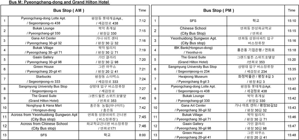 Segeomjeong-ro Sangmyung University Bus Stop / Segeomjeong-ro The Grand Suite (Grand Hilton Hotel) Nonghyup & Hana Mart / Hongeun-dong Across from Yeonhuidong Sungwon Apt (City Bus stop) Across from