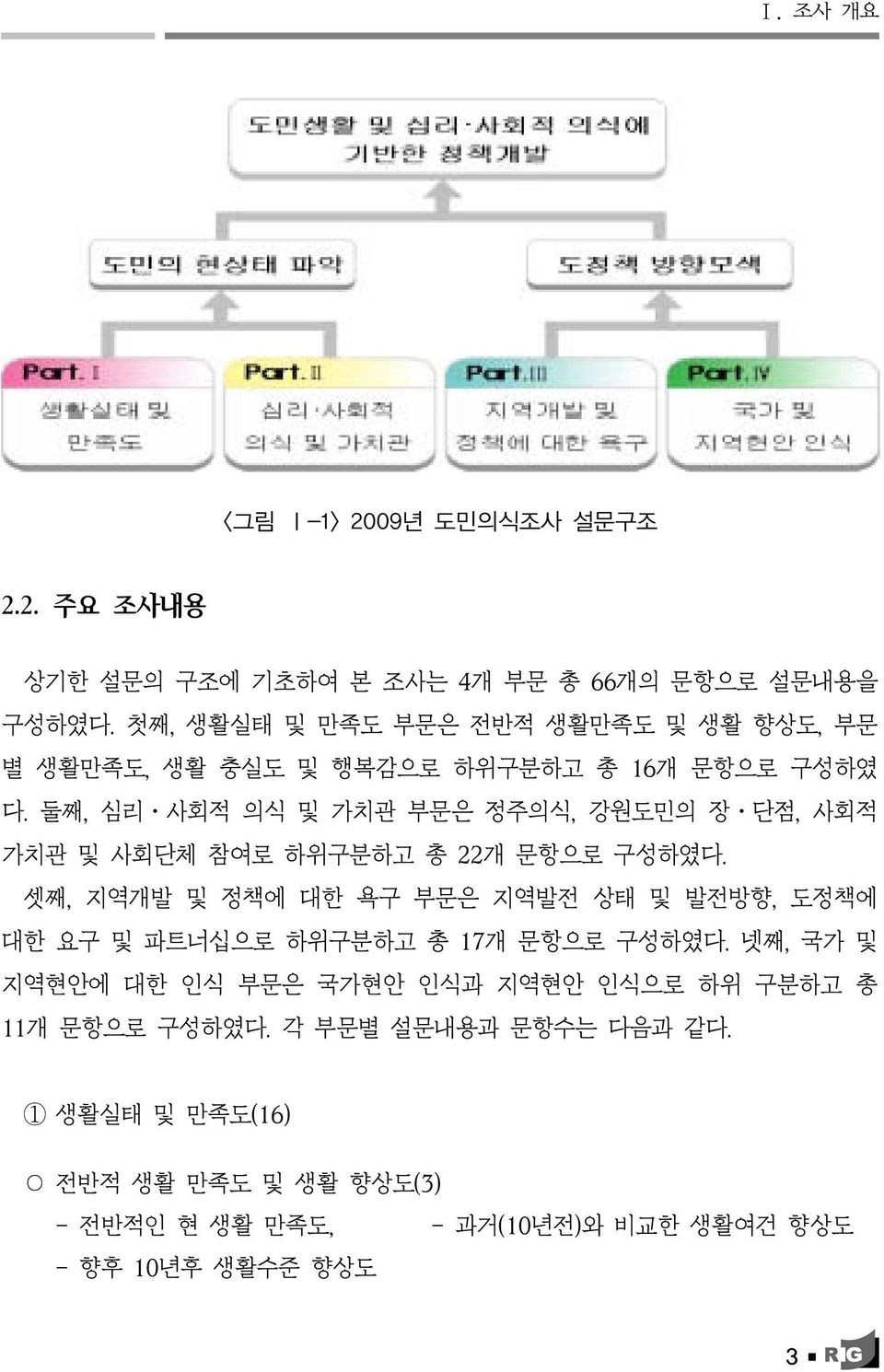 둘째, 심리ㆍ사회적 의식 및 가치관 부문은 정주의식, 강원도민의 장ㆍ단점, 사회적 가치관 및 사회단체 참여로 하위구분하고 총 개 문항으로 구성하였다.