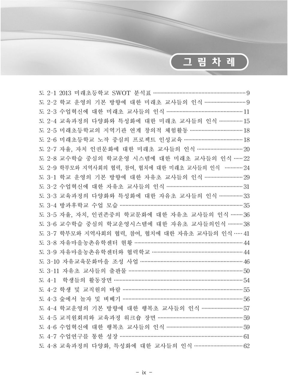 교사들의 인식 31 도 3-3 교육과정의 다양화와 특성화에 대한 자유초 교사들의 인식 33 도 3-4 방과후학교 수업 모습 35 도 3-5 자율, 자치, 인권존중의 학교문화에 대한 자유초 교사들의 인식 36 도 3-6 교수학습 중심의 학교운영시스템에 대한 자유초 교사들의인식 38 도 3-7 학부모와 지역사회의 협력, 참여, 협치에 대한 자유초 교사들의