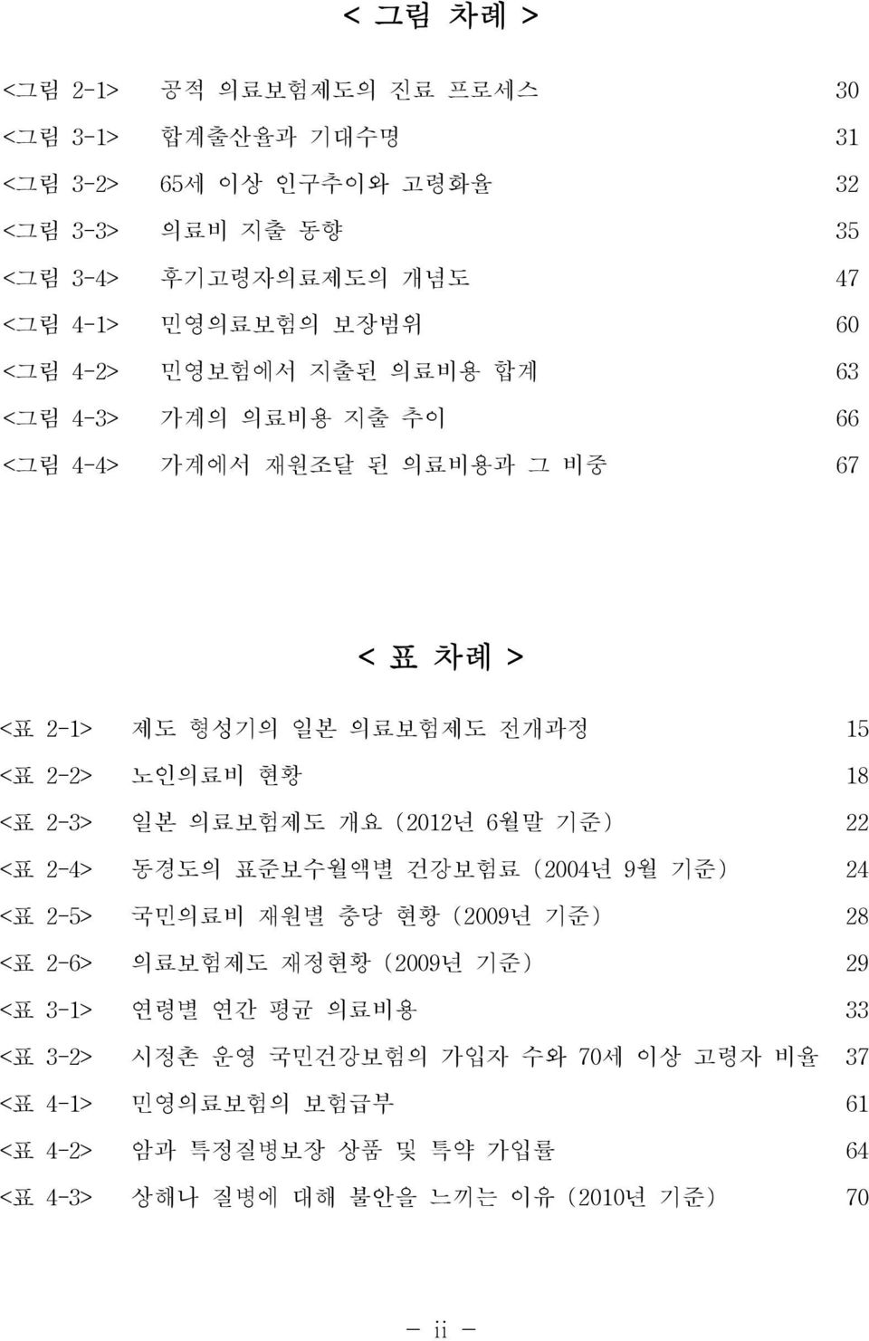 <표 2-3> 일본 의료보험제도 개요 (2012년 6월말 기준) 22 <표 2-4> 동경도의 표준보수월액별 건강보험료 (2004년 9월 기준) 24 <표 2-5> 국민의료비 재원별 충당 현황 (2009년 기준) 28 <표 2-6> 의료보험제도 재정현황 (2009년 기준) 29 <표 3-1>