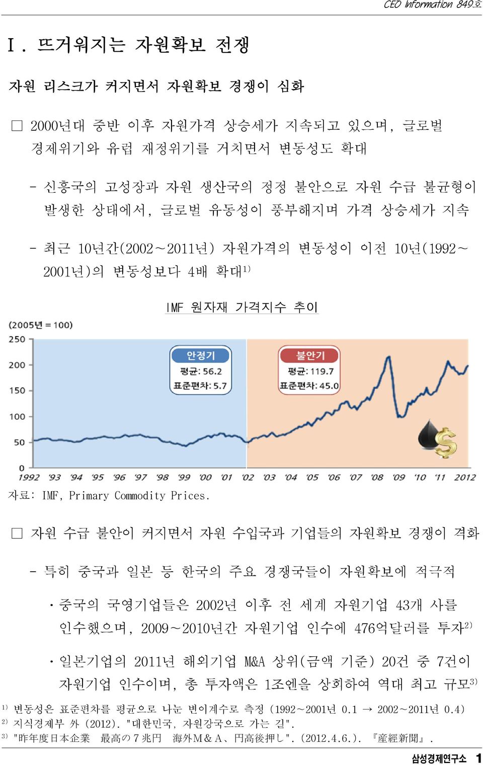 자원 수급 불안이 커지면서 자원 수입국과 기업들의 자원확보 경쟁이 격화 - 특히 중국과 일본 등 한국의 주요 경쟁국들이 자원확보에 적극적 ㆍ중국의 국영기업들은 2002년 이후 전 세계 자원기업 43개 사를 인수했으며, 2009 2010년간 자원기업 인수에 476억달러를 투자 2) ㆍ일본기업의 2011년 해외기업 M&A