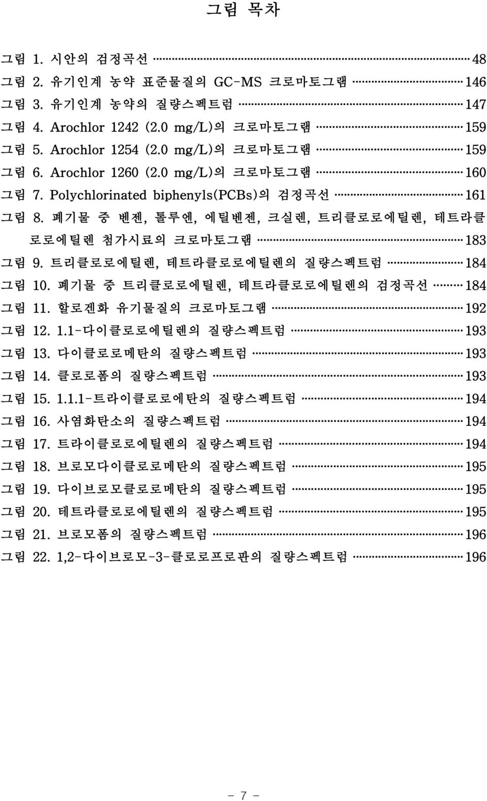 트리클로로에틸렌, 테트라클로로에틸렌의 질량스펙트럼 184 그림 10. 폐기물 중 트리클로로에틸렌, 테트라클로로에틸렌의 검정곡선 184 그림 11. 할로겐화 유기물질의 크로마토그램 192 그림 12. 1.1-다이클로로에틸렌의 질량스펙트럼 193 그림 13. 다이클로로메탄의 질량스펙트럼 193 그림 14. 클로로폼의 질량스펙트럼 193 그림 15.