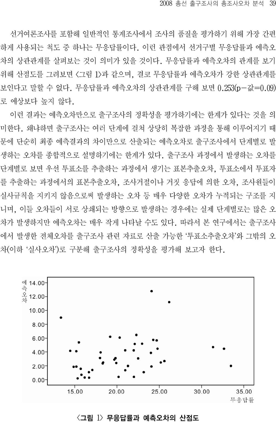 왜냐하면 출구조사는 여러 단계에 걸쳐 상당히 복잡한 과정을 통해 이루어지기 때 문에 단순히 최종 예측결과의 차이만으로 산출되는 예측오차로 출구조사에서 단계별로 발 생하는 오차를 종합적으로 설명하기에는 한계가 있다.