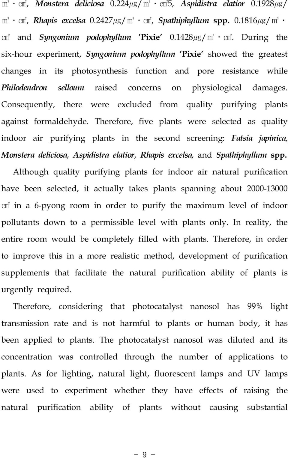 physiological damages. Consequently, there were excluded from quality purifying plants against formaldehyde.