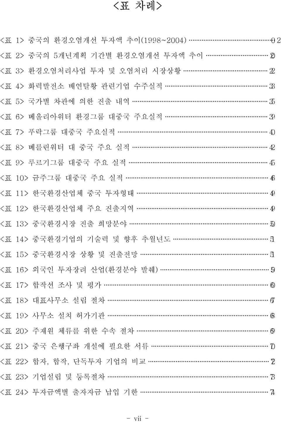 한국환경산업체 주요 진출지역 49 <표 13> 중국환경시장 진출 희망분야 50 <표 14> 중국환경기업의 기술력 및 향후 추월년도 51 <표 15> 중국환경시장 상황 및 진출전망 51 <표 16> 외국인 투자장려 산업(환경분야 발췌) 59 <표 17> 합작선 조사 및 평가 60 <표 18> 대표사무소