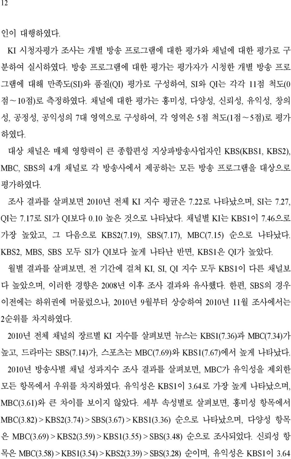 조사 결과를 살펴보면 2010년 전체 KI 지수 평균은 7.22로 나타났으며, SI는 7.27, QI는 7.17로 SI가 QI보다 0.10 높은 것으로 나타났다. 채널별 KI는 KBS1이 7.46으로 가장 높았고, 그 다음으로 KBS2(7.19), SBS(7.17), MBC(7.15) 순으로 나타났다.