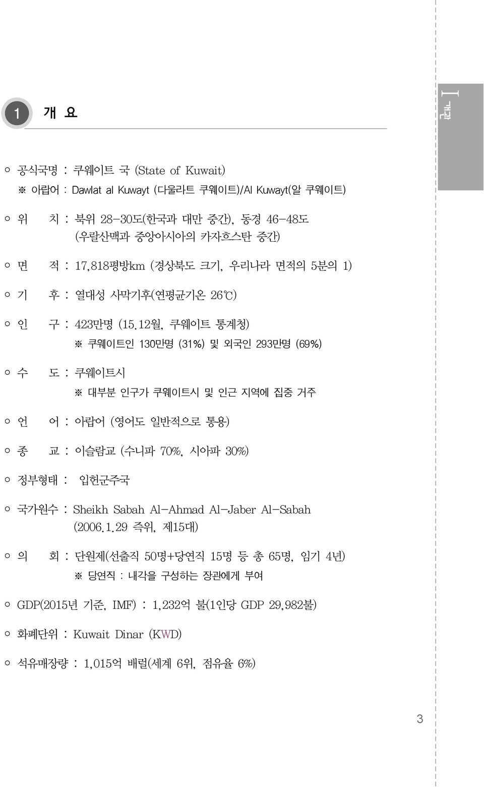 12월, 쿠웨이트 통계청) 쿠웨이트인 130만명 (31%) 및 외국인 293만명 (69%) 수 도 : 쿠웨이트시 대부분 인구가 쿠웨이트시 및 인근 지역에 집중 거주 언 어 : 아랍어 (영어도 일반적으로 통용) 종 교 : 이슬람교 (수니파 70%, 시아파 30%) 정부형태 : 입헌군주국