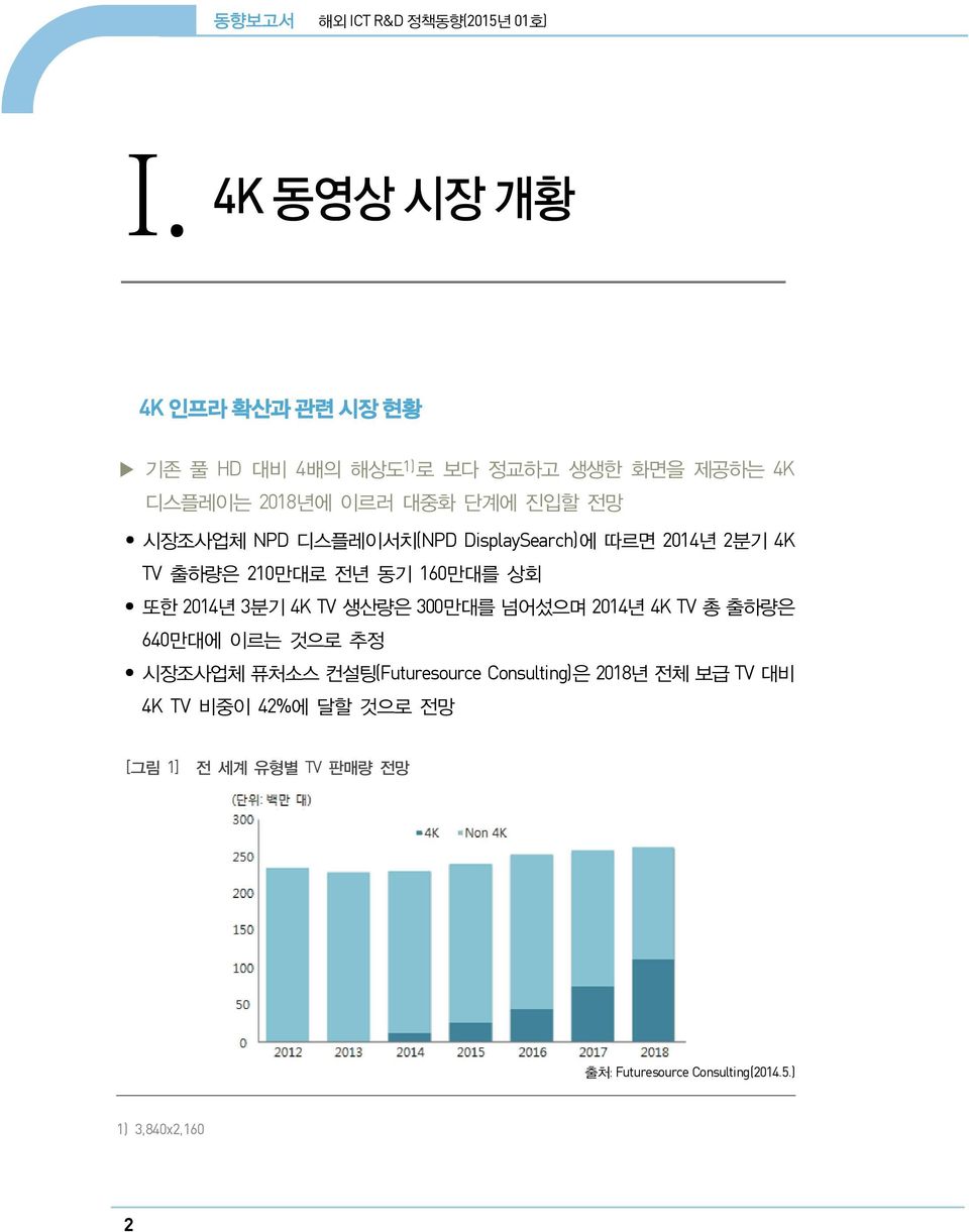 시장조사업체 NPD 디스플레이서치(NPD DisplaySearch)에 따르면 2014년 2분기 4K TV 출하량은 210만대로 전년 동기 160만대를 상회 또한 2014년 3분기 4K TV 생산량은 300만대를