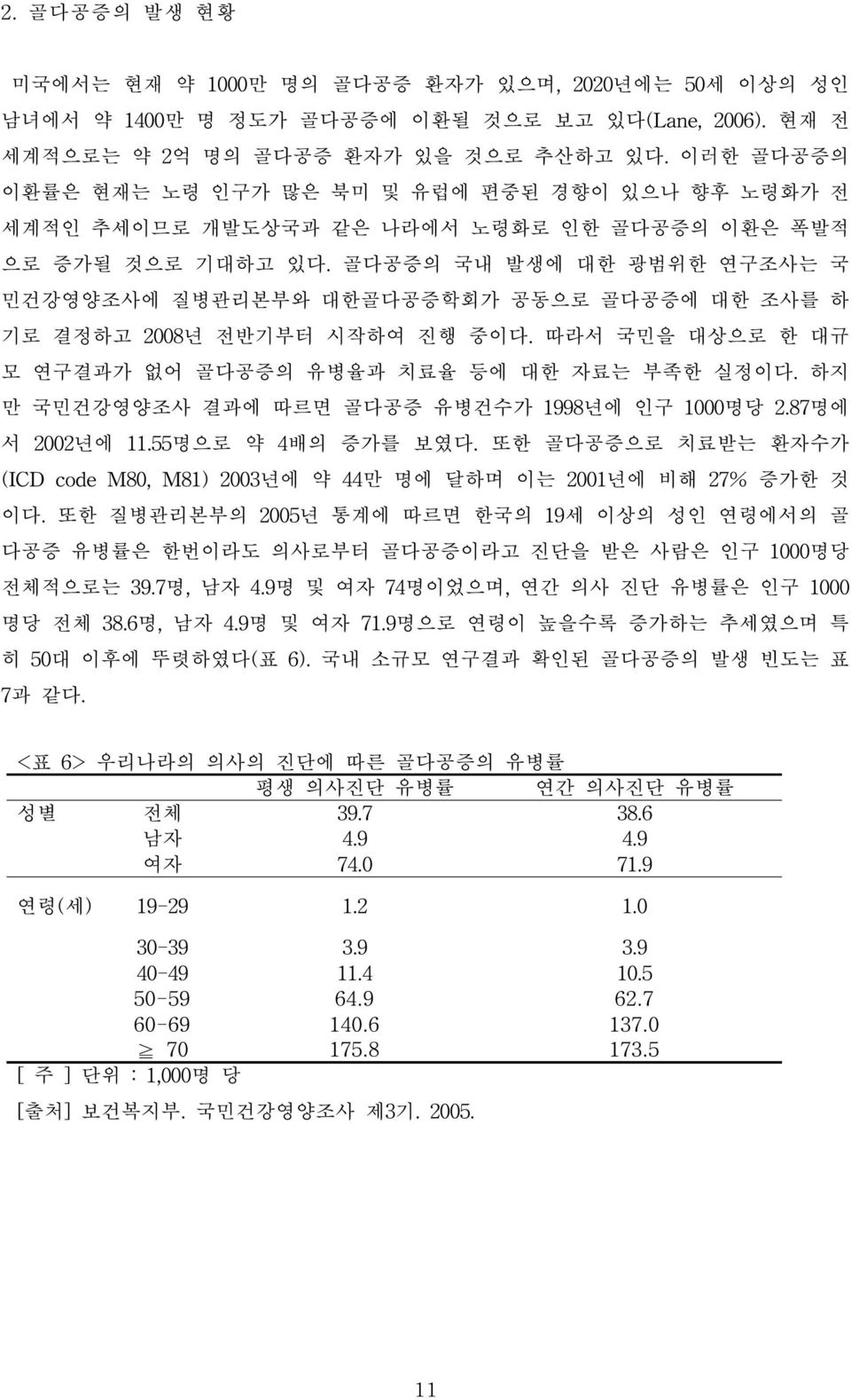 골다공증의 국내 발생에 대한 광범위한 연구조사는 국 민건강영양조사에 질병관리본부와 대한골다공증학회가 공동으로 골다공증에 대한 조사를 하 기로 결정하고 2008년 전반기부터 시작하여 진행 중이다. 따라서 국민을 대상으로 한 대규 모 연구결과가 없어 골다공증의 유병율과 치료율 등에 대한 자료는 부족한 실정이다.