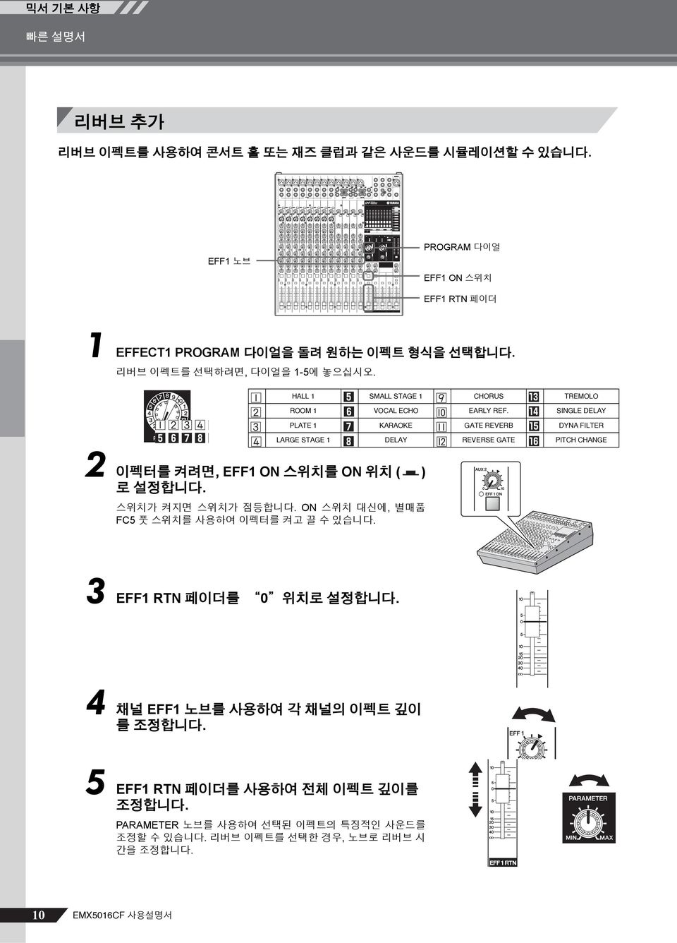 KARAOKE GATE REVERB DYNA FILTER LARGE STAGE 1 DELAY REVERSE GATE PITCH CHANGE 이펙터를 켜려면, EFF1 ON 스위치를 ON 위치 ( 로 설정합니다. ) EFF1 RTN 페이더를 0 위치로 설정합니다.