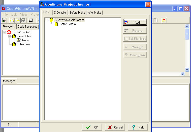 2 Add 실행 : 그림60과같은 Configure Project 대화창에서 [Add] 메뉴를선택하면그림 61과같은 Add File To Project 라는이름의대화창이생성되는데대화상자내의 [ 찾는위치(I)] 메뉴에서적당한위치( 예:at128) 를선 택하고파일이름( 예: fnd) 을 [ 파일이름 (N)] 메뉴의입력창에기입한후에 [ 열기(O)]