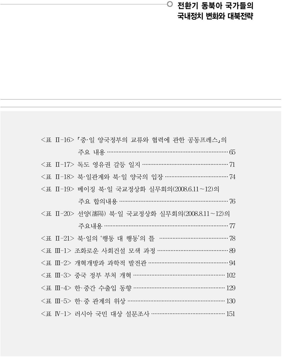 11~12)의 주요 합의내용 76 <표 Ⅱ-20> 선양( 瀋 陽 ) 북 일 국교정상화 실무회의(2008.