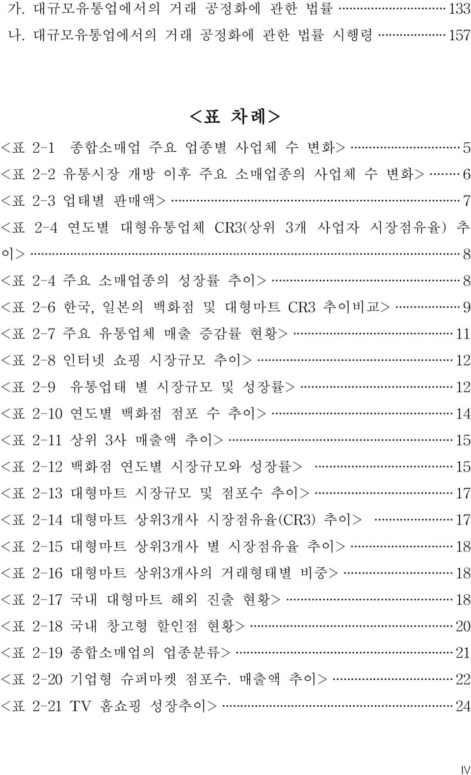 <표 2-4주요 소매업종의 성장률 추이> 8 <표 2-6한국,일본의 백화점 및 대형마트 CR3추이비교> 9 <표 2-7주요 유통업체 매출 증감률 현황> 11 <표 2-8인터넷 쇼핑 시장규모 추이> 12 <표 2-9 유통업태 별 시장규모 및 성장률> 12 <표 2-10연도별 백화점 점포 수 추이> 14 <표