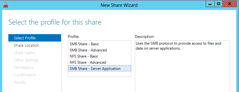 5. Select the profile for this share 페이지에서, SMB Share Server Application 를 클릭하고, Next 를클릭합니다. 6.