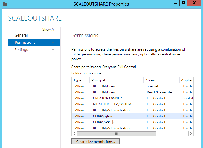 8. 이제, Advanced Security Settings for SCALEOUTHOUSE 의 Share 탭에서, SQL Server 서비스계정에 모든권한 (Full
