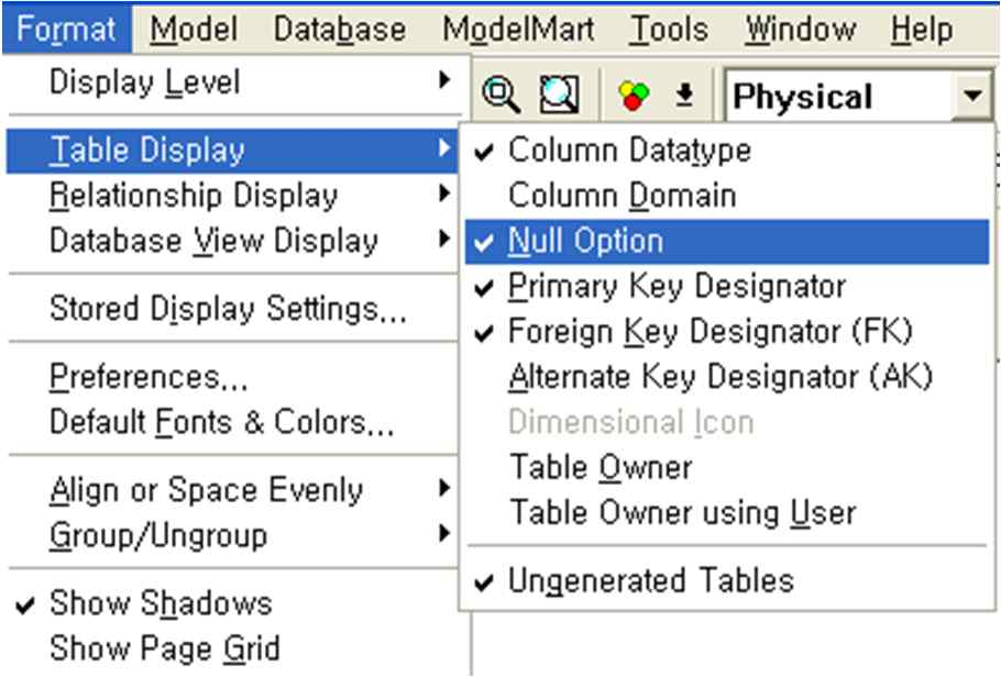 ERwin 예제 24 Column Data Type 과 Size 정의 (2/5) Null 옵션, 기본키,