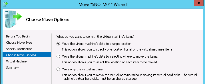 아래 Choose Move Options 부분에서, Move the virtual machine s data to a single location 을 선택합니다.