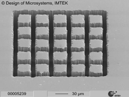 17 Patterning of a Cu layer on silicon with a picosecond laser: Patterned line (upper) and etched pattern (lower) (Source: IMTEK)