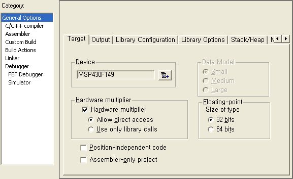 프로젝트옵션설정 (1_1) 1. Project -> > Option -> > General option -> Target Target 은사용하는 CPU 에맞게컴파일러시스템을맞추는가장기본적이고도중요한작업이다. Processor variant : 시리즈별로구분되어있는 Device 의선택합니다.