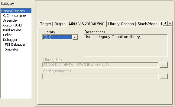 프로젝트옵션설정 (1_2) 2_1. Project -> > Option -> > General Option -> Library Configuration Library Configuration 은사용하게될 Library 를결정한다. 이미, 기본적으로참조하게될 Library file 은 Target 외에도아래의여러설정에의해서임의적으로지정된다.