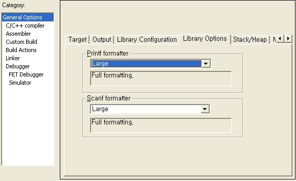 프로젝트옵션설정 (1_3) 3. Project -> > Option -> > General Option -> > Library Options Library Options 은 printf /scanf formatter 의 Level 을설정할수있다.
