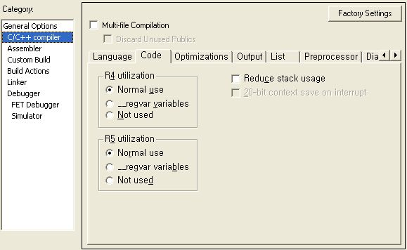 6. Project -> > Option -> > C/C++ Compiler -> > Code 사용자를위한몇가지 Tip 을소개한다. R4/R5 Utilization [ Normal use ] : R4/R5 를본래의기본레지스터로활용하게된다.. [ regvar variables ] : regvar 키워드를활용하여글로벌레지스터변수와같이사용할수있게된다.