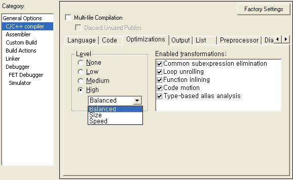 프로젝트옵션설정 (2_2) 6. Project -> > Option -> > C/C++ Compiler -> > Optimization C/C++ 컴파일러에관련된기본적인옵션을설정한다.