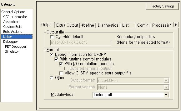 프로젝트옵션설정 (3,4) Project -> > Option -> > C/C++ Compiler -> > Diagnostics/ Extra Options Output 은실행파일의 Format 형태와 Output file 타입을설정할수있다.