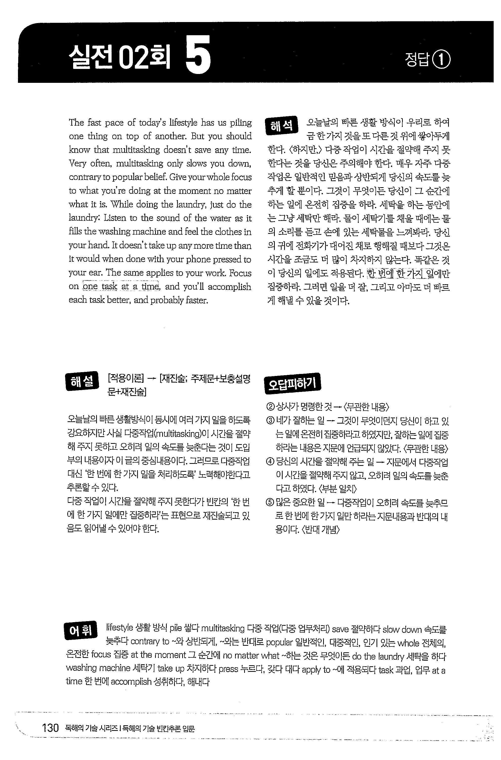 실전 02 호 l 5 정답 @ The fast pace f t day s lifestyle has us p퍼ng ne 산ling n t p f an ther. But y u sh uld lmow that multitasking doesn t save any time. Verγ ften, m띠.titas. 힘ng nly slows y u down, c ntr없yt p p버ar belief.