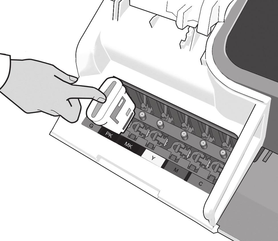 Buka penutup yang berada di sisi kiri printer. Insert the ink cartridges one by one.