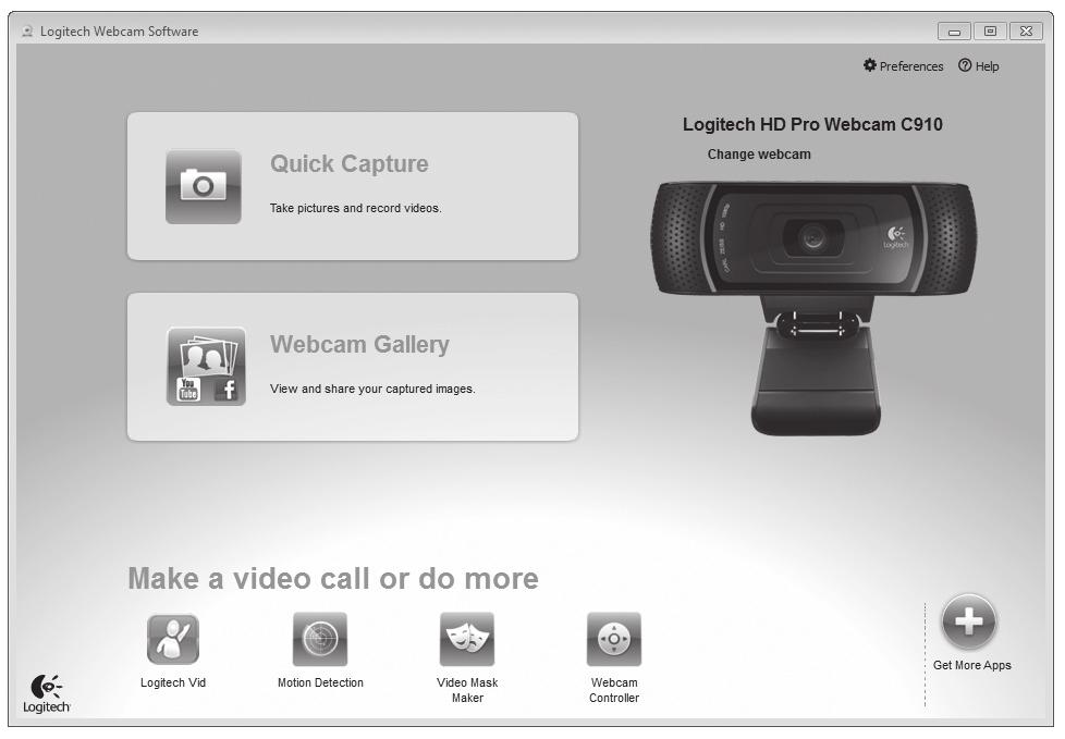 Logitech HD Pro Webcam C910 Logitech 웹캠소프트웨어사용방법 1. 사진및비디오를캡처합니다. 2. 캡처한이미지를보거나이메일, Facebook, YouTube 를통해공유합니다. 3. 설치된웹캠관련응용프로그램에간편하게액세스할수있는영역 4. Logitech Vid HD 를시작합니다 ( 설치된경우 ). 5.