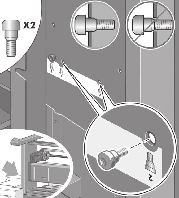 Kencangkan modul gulungan ke kaki kanan dudukan. Fix the roll module to the left leg of the stand using two collar-headed screws.