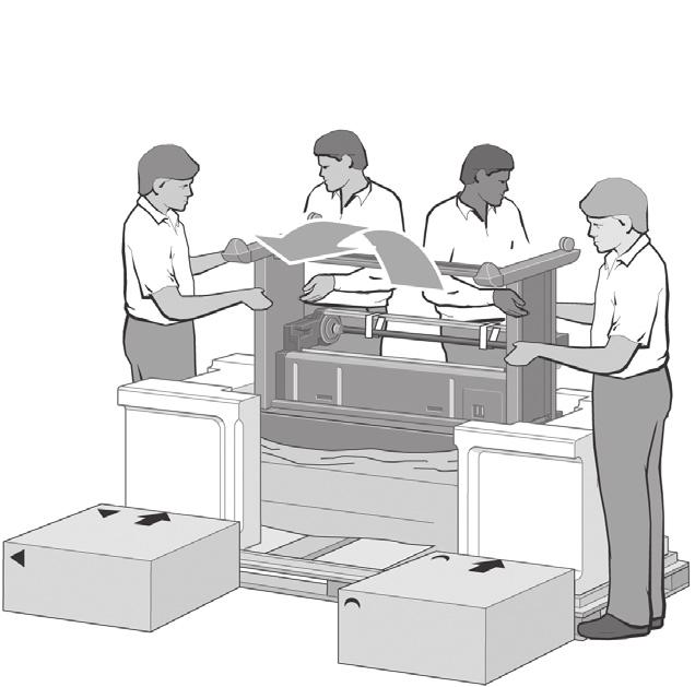 Using four people, rotate the printer on to the spare and consumables boxes. 四個人合作將印表機翻轉到備用箱和耗材箱上 네사람을동원하여프린터를예비박스및소모품박스쪽으로회전시킵니다.