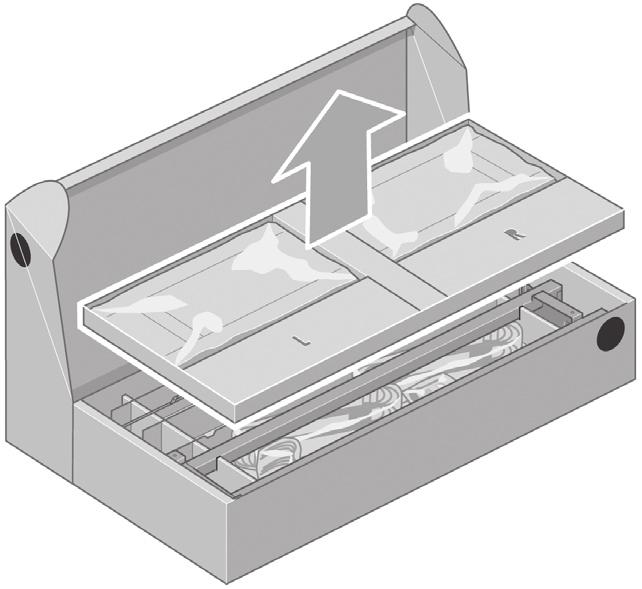 From the second tray, remove the two boxes marked with L and R. Place them on the floor as shown.